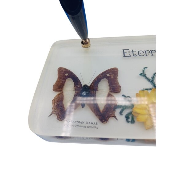 Vintage Lucite Desk 2 Pen Holder "Eternal Love" Real Butterflies & Flowers - Picture 3 of 6